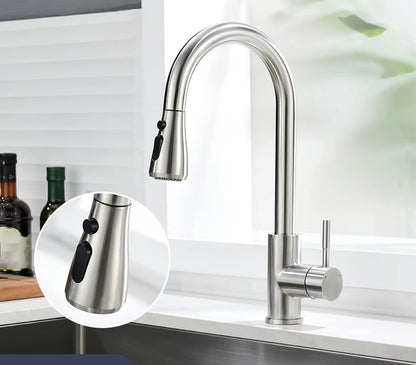 Kitchen Faucets Brushed Nickel Pull Out Kitchen Sink Water Tap Deck Mounted Mixer Stream Sprayer Head Hot Cold Taps Sliver